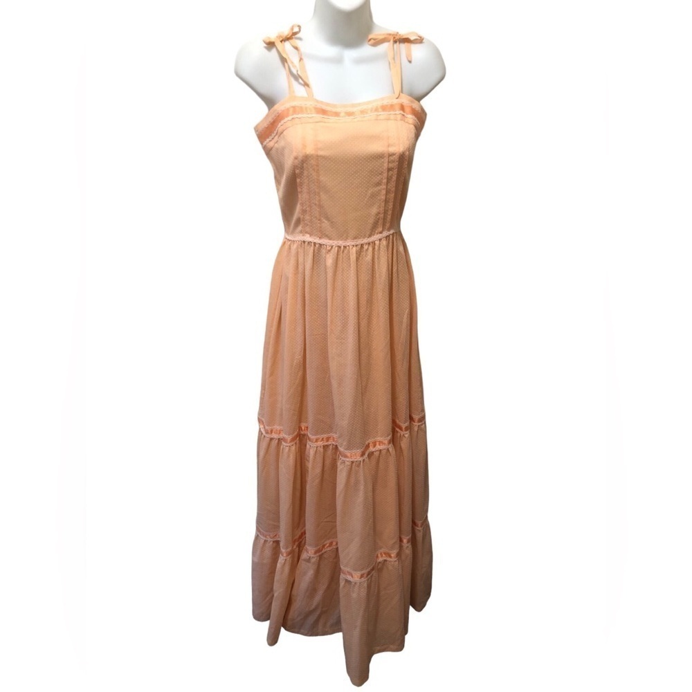 Handmade Peach Swiss Dot Prairie Maxi Dress Sz 6 Spaghetti Straps Tiered Hem